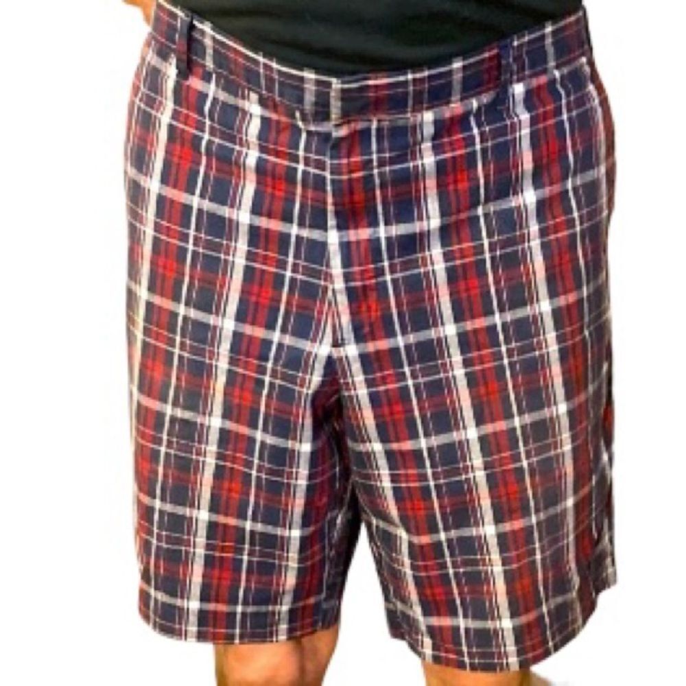DOCKERS Golf Checkered Plaid Flat Front Shorts Red White Blue Casual Mens 40